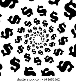 Background, pattern, black and white spiral pattern. Round centered Halftone illustration. Dollar, business, currency, exchange.