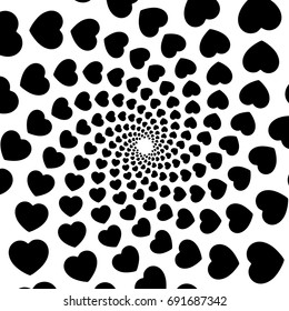 Background, pattern, black and white spiral pattern. Round centered Halftone illustration. Heart, rotation, rotation.