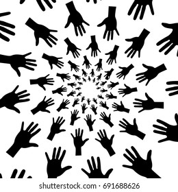 Background, pattern, black and white spiral pattern. Round centered Halftone illustration. Hand, palm, fingers, greeting, rotation.