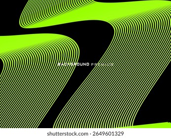 Background pattern of bright green neon stripes that curve and wavy dynamically on a black background, creating an effect of movement and modernity.