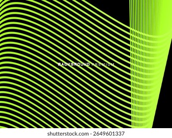 Padrão de fundo de listras de néon verde brilhante que curvam e ondulam dinamicamente em um fundo preto, criando um efeito de movimento e modernidade.