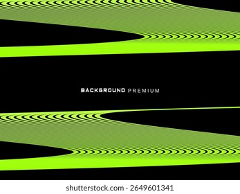 Patrón de fondo de rayas de neón verde brillante que se curvan y ondulan dinámicamente sobre un fondo negro, creando un efecto de movimiento y modernidad.