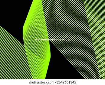 Background pattern of bright green neon stripes that curve and wavy dynamically on a black background, creating an effect of movement and modernity.