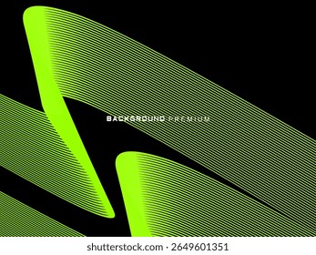 Background pattern of bright green neon stripes that curve and wavy dynamically on a black background, creating an effect of movement and modernity.