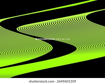 Padrão de fundo de listras de néon verde brilhante que curvam e ondulam dinamicamente em um fundo preto, criando um efeito de movimento e modernidade.