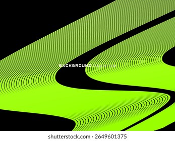 Background pattern of bright green neon stripes that curve and wavy dynamically on a black background, creating an effect of movement and modernity.