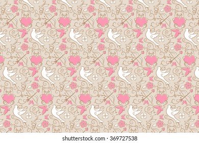 Background pattern brown of valentine symbols such as rose, cupid bow and arrow, dove and teddy bear ornamental