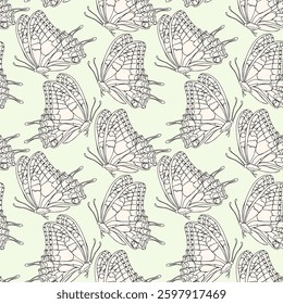 A background with a pattern of butterflies. The butterflies are drawn in black and white. The butterflies are arranged in a way that creates a sense of movement and flow. Vector seamless pattern