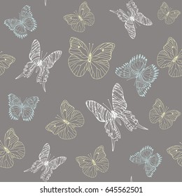 Background pattern of butterflies pastel colors on grey background hand drawn ink image. Perfect for fabrics, tissue and paper design.