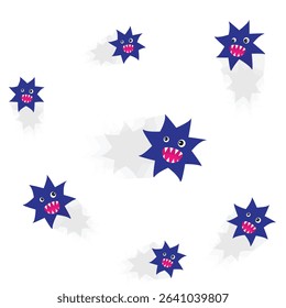 Background, pattern with cartoon viruses and bacteria. Funny microorganism characters. Vector illustration for medical, educational or kids health care and hygiene