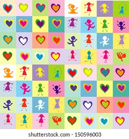 Background pattern with children silhouettes and hearts