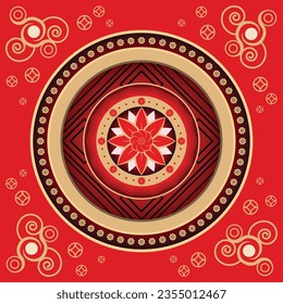 Background pattern: Chinese, Mongolian, Asian art, red and gold tones representing good luck and wealth.