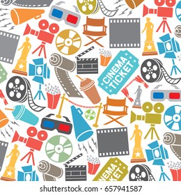 background pattern with cinema icons (film strip, popcorn, clapboard, camera, ticket, director chair, dvd, cd, film roll, stage projector, award, 3D glasses, reel) 