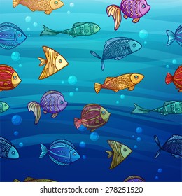 Background with a pattern of colored cartoon fish on sea background with sun light and bubbles. For decor, fabrics, decoration. Vector.