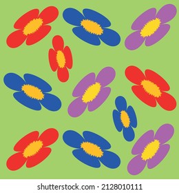  Сolorful background. Pattern of colorful flowers on a green background for a summer good mood.