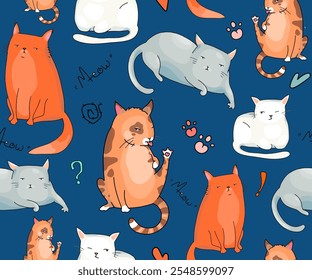 Background or pattern with cute cats from a set of vector cartoon characters in different poses. Wallpaper, paper, packaging, interior design and fashion accessories