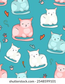 Background or pattern with cute cats from a set of vector cartoon characters in different poses. Wallpaper, paper, packaging, interior design and fashion accessories
