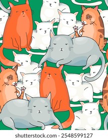 Background or pattern with cute cats from a set of vector cartoon characters in different poses. Wallpaper, paper, packaging, interior design and fashion accessories