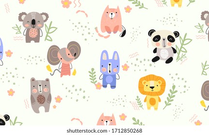 Patrón de fondo de pequeños animales lindos con león, panda, ratón, perro, oso sobre un fondo blanco con hojas, ilustración vectorial