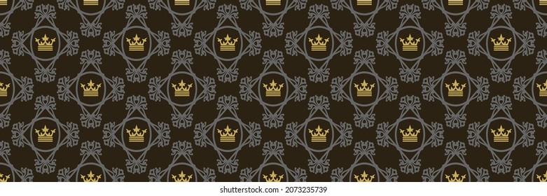 Background pattern with decorative gray ornament and golden royal crowns on black background. Wallpaper, textile design texture. Vector illustration