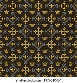 Background pattern with decorative ornament in royal style on a black background, wallpaper. Seamless pattern, texture. Vector art
