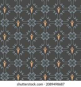 Patrón de fondo con adornos decorativos sobre un fondo oscuro de estilo vintage. Revestimiento de textura de tela, papel de pared sin soldadura. Ilustración del vector