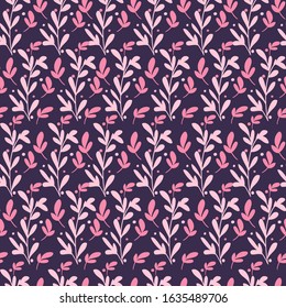 Background pattern of different plants and branches on a dark purple background. Seamless vector illustration. Design print for textiles