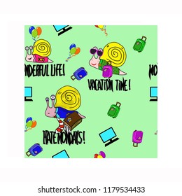 Background pattern with different snails suitcases and balloons