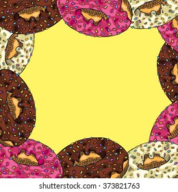 Background with a pattern of donuts with strawberry, chocolate and vanilla frosting