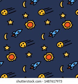 Background pattern of doodle line in space concept (Rocket, star, sun, starfall)