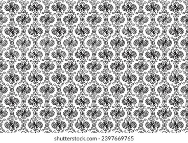 Background pattern featuring a black and white symmetrical design. It resembles a stylish wrapping paper or fabric. Abstract Illustration.