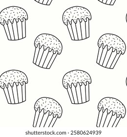 Background pattern featuring outlined cupcakes with sprinkles in a whimsical design