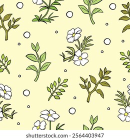 Background pattern featuring a white fower and leaf. Can be used for wrapping paper designs.