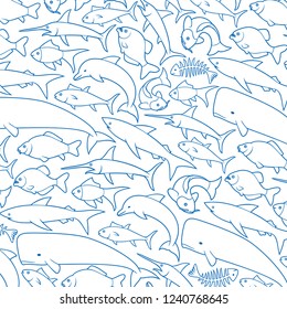 background pattern with fish thin line icons (dolphin, bone, carp, shark, whale, swordfish, piranha, tuna)