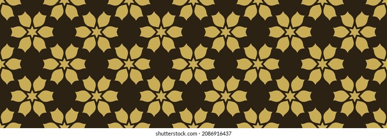 Background pattern with floral gold ornament on a black background. Seamless wallpaper texture. Vector image