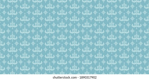 Background pattern with floral ornament in retro style. Seamless wallpaper texture. Colors: blue shades. Vector image