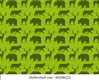 Background pattern with forest animals:wolf, bear, and deer. Vector illustration in flat style.
