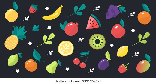Background, pattern with fruits and berries in vector, flat style.
