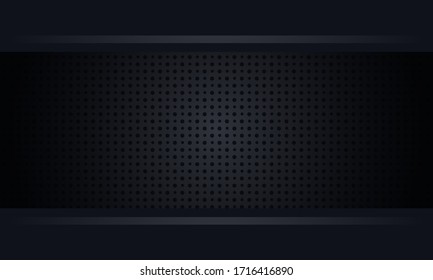 Background pattern of geometric shapes. The template with the texture of the paper is evenly filled with small black indented dots and stylish horizontal inserts. Vector graphics on a black background