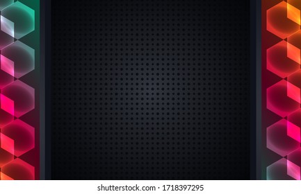 Background pattern of geometric shapes. The template with the texture of the paper is evenly filled with small black indented dots and vertical inserts with abstract rhombuses. Vector graphics on a bl