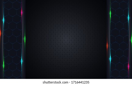 Background pattern of geometric shapes with the texture of uniform small indented points with vertical wide inserts from rhombuses with glitter. Vector graphics on a black background.