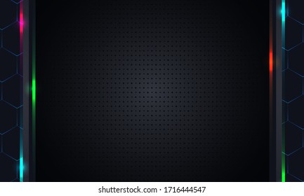 Background pattern of geometric shapes with the texture of uniform small indented points with vertical rhombus inserts with glitter. Vector graphics on a black background.