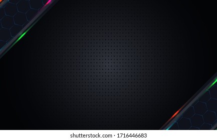 Background pattern of geometric shapes with the texture of uniform small indented points with angular inserts from rhombuses with glitter. Vector graphics on a black background.