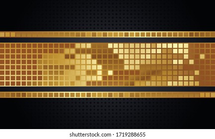 Background pattern of geometric shapes. The pattern with the texture of the paper is evenly filled with small black indented dots and inserts with golden squares. Vector graphics on a black background