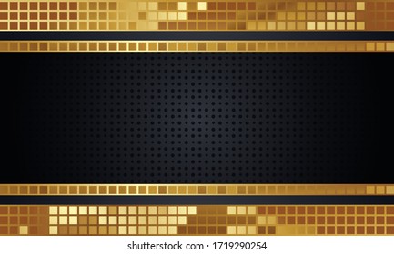 Background pattern of geometric shapes. The pattern with the texture of the paper is evenly filled with small black toothed dots and horizontal inserts with golden squares. Vector graphics on a black 