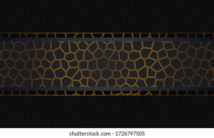 Background pattern of geometric shapes. The pattern with the texture is evenly filled with black indented polygons in the form of a mosaic with a horizontal gold insert. Vector graphics on a black bac