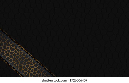 Background pattern of geometric shapes. The pattern with the texture is evenly filled with black indented polygons in the form of a mosaic with a gold corner insert. Vector graphics on a black backgro