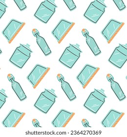 Background pattern of glassware, a container with a wooden lid, a bottle with a cork and a jar for cereals. Zero-waste shopping.
