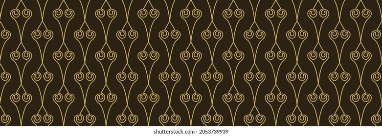 Background pattern with gold floral elements on black background in ethnic style. Seamless pattern, texture. Vector image.