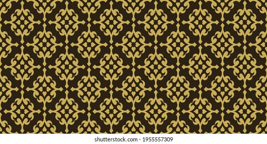 Hintergrundmuster mit goldenen Ornamenten auf schwarzem Hintergrund, Tapete. Ideal für Postkarten, Cover, Wallpaper. Nahtloses Muster, Textur für Ihr Design. Vektorbild 